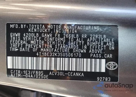 2005 Toyota Camry Le из США, поврежденный, VIN 4T1BE32K35U506170